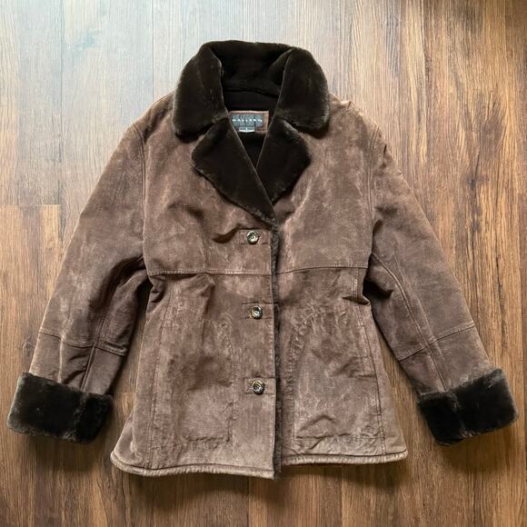 Gallery Brown Suede Coat w/ Faux Fur Lining & Trim – Women’s Large - Picture 1 of 7